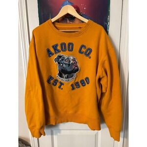 AKOO Brand Mens Mustard Yellow Pitbull Graphic Crewneck Sweatshirt XL